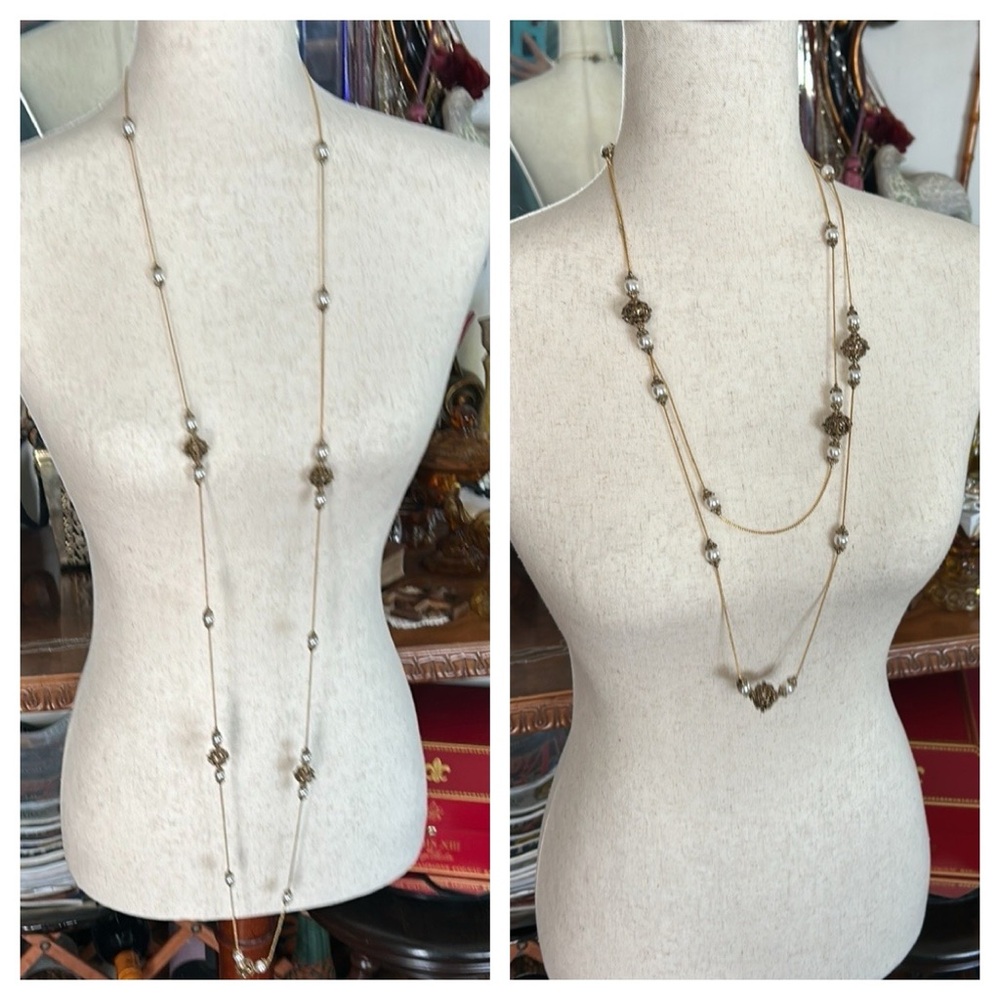 Vintage Flapper Length Faux Pearl and Gold-Tone Openwork Bead Necklace